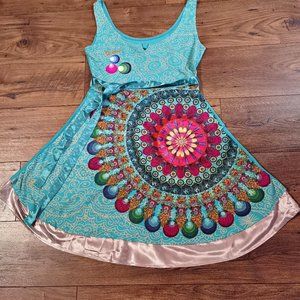 Desigual teal Mandala dress with sash Size M